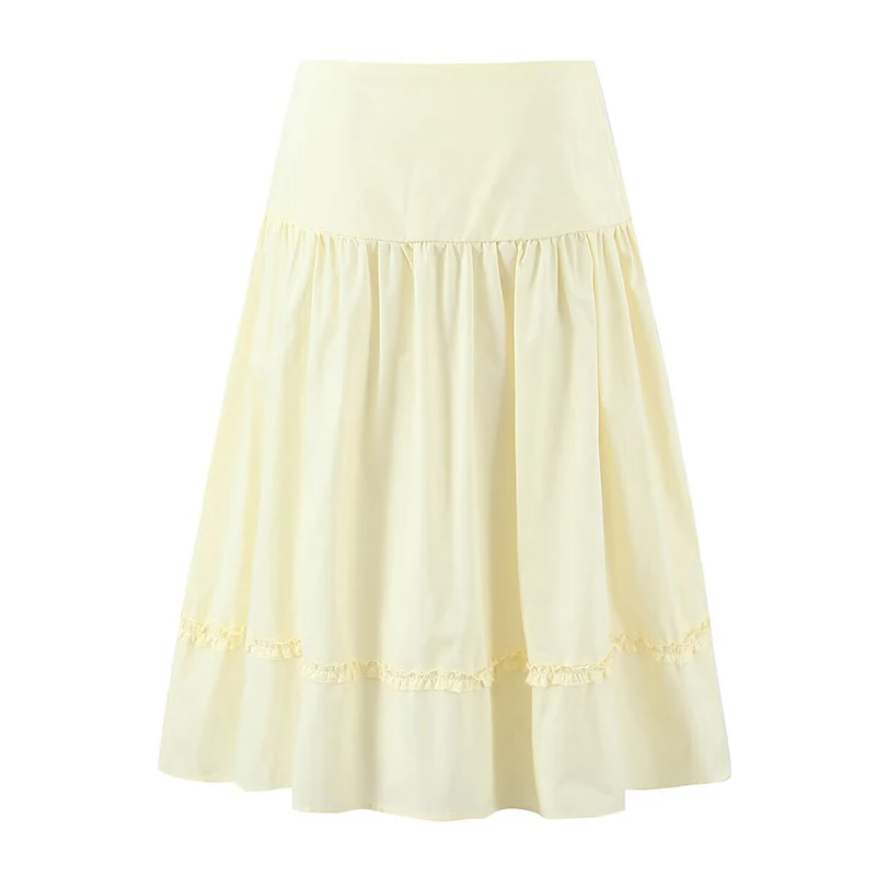 Sexy Low Waist A-line Midi Skirt For Women Yellow White Holiday Summer Cotton  Skirts
