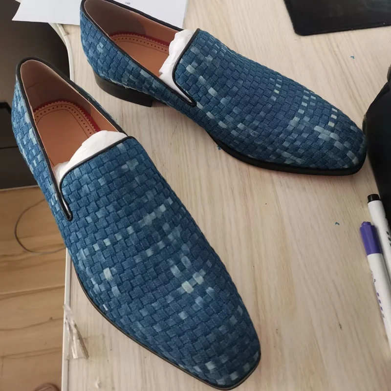 Blue Canvas Shoes Men Fashion Woven Pattern Denim Loafer Shoes Luxury Slip On Casual Shoes Men\'s Flats Slippers