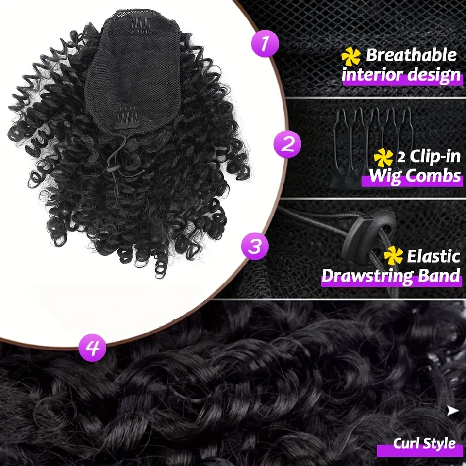 Coleta corta sintética 14 pulgadas afro puff kinky rizada con cordón clip para mujer natural 2
