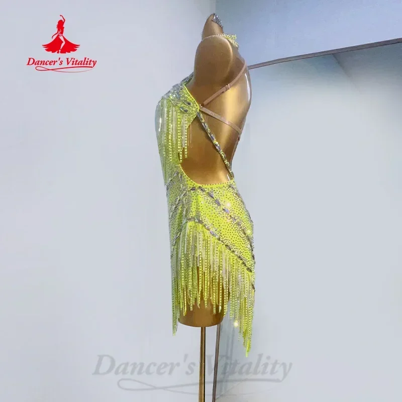 Latin Dancing Performance Costume Customization High-end Luxury Full Diamond Tassel Dress Tango Samba Rumba Competition Outfit