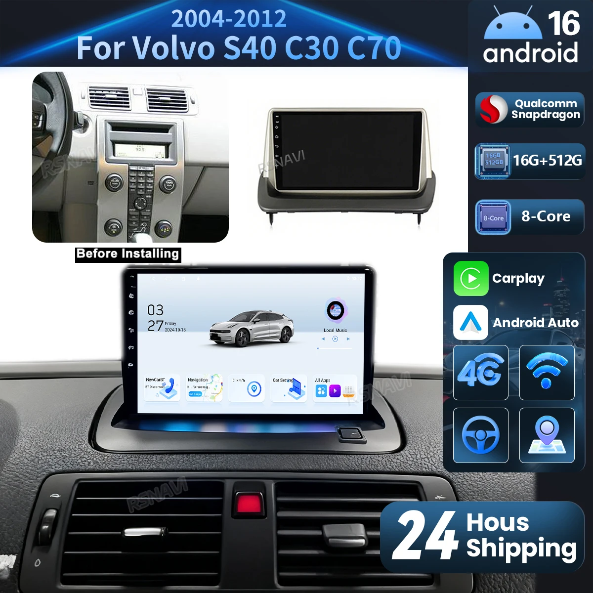 Radio Multimedia para Auto con Android 16, Carplay, DSP, WIFI+4G para Volvo S40 C30 C70 2 MS 2004 - 2013, 16G-512G, Estéreo, BT, Qualcomm