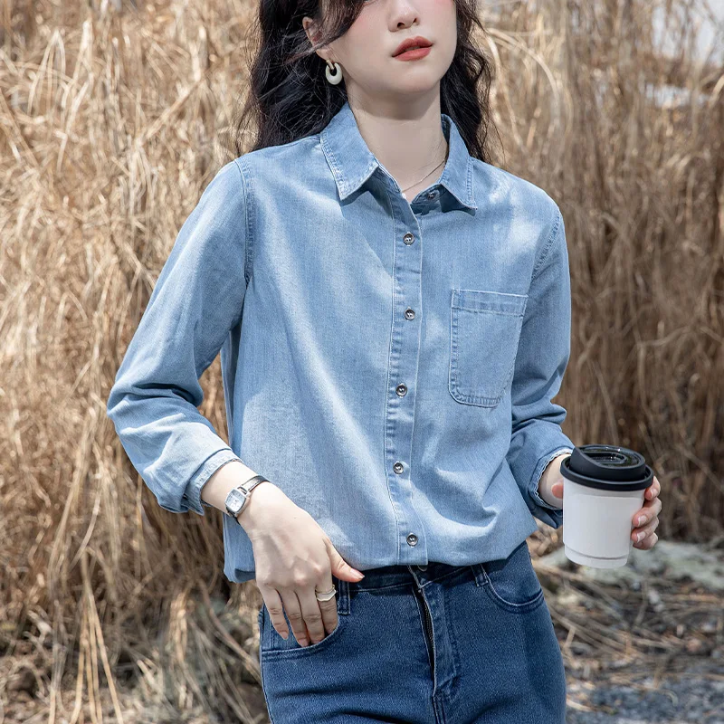 Light Blue Denim Shirt Women Long Sleeve Vintage Office Jeans Shirts Womens Tops And Blouses