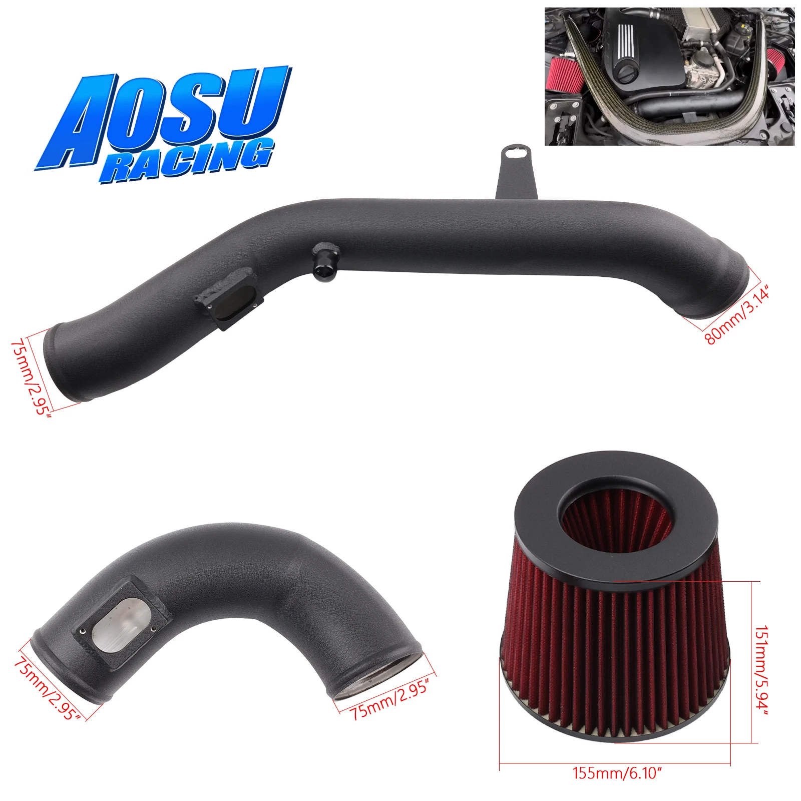 

Комплект воздухозаборника Высокопроизводительная впускная труба с фильтром 3 дюйма для BMW F87 M2 Competition F80 M3 F82, F83 M4, GTS 2018-21