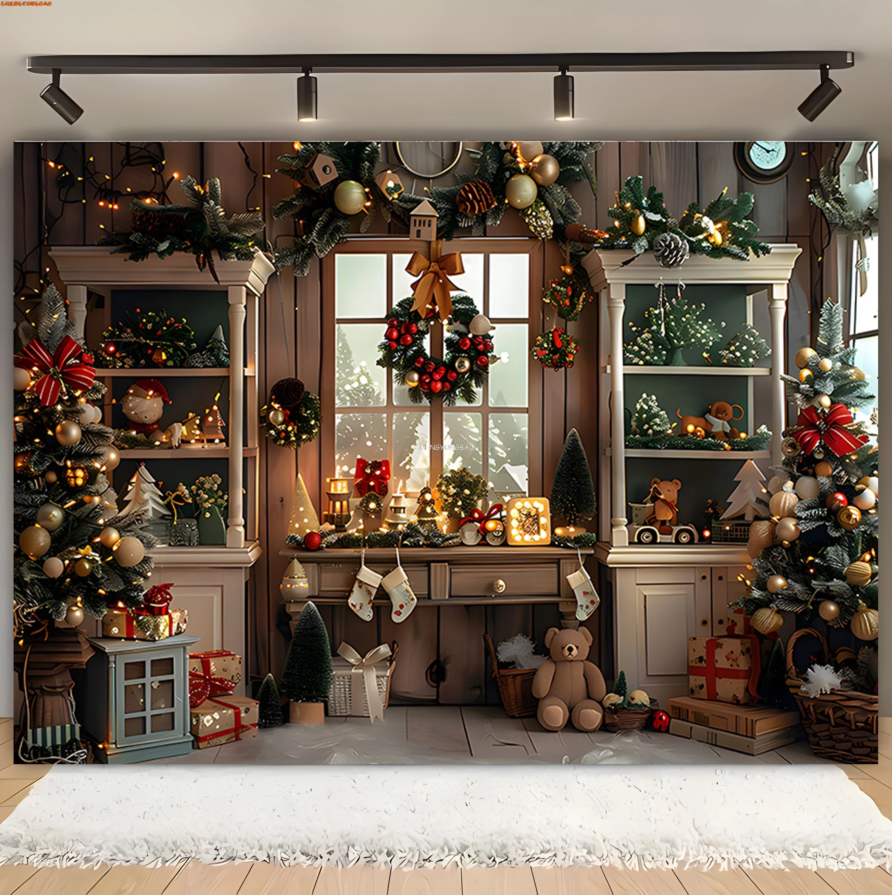 Christmas Tree With Gift Boxes Photography Backdrops Winter Snow Decorations Wooden Door Fireplace Room Background Props ST-05