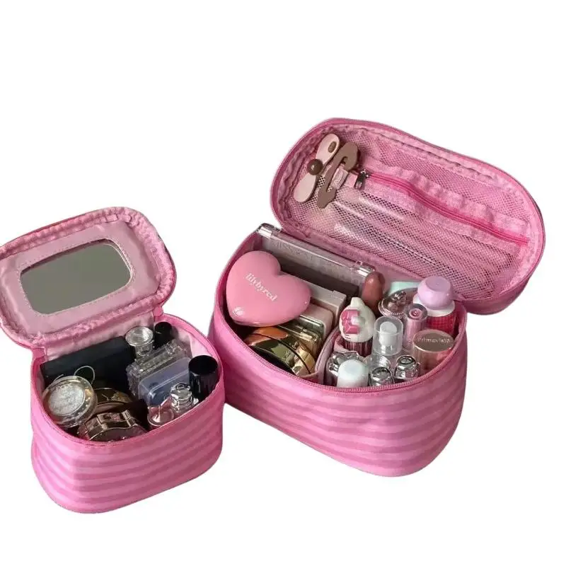 Rosa gestreifter, geräumiger, tragbarer Reise-Make-up-Beutel mit Spiegel, Handtasche für Toilettenartikel, Organizer für Frauen, Geschenk für Damen – Detail 6