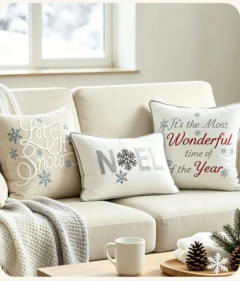 Weihnachts-Samt-Kissenbezug mit Buchstaben-Stickerei, Sofakissenbezug für Wohnzimmer, Weihnachts-Schneeflocken-Kissenbezüge – Detail 4