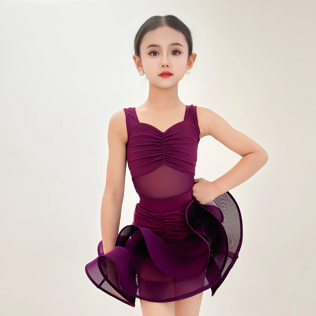 

Girls Latin Dance Dress Summer Practice Clothes Purple Fishbone Dress Kids Cha Cha Rumba Samba Dance Competition Dress DNV23639