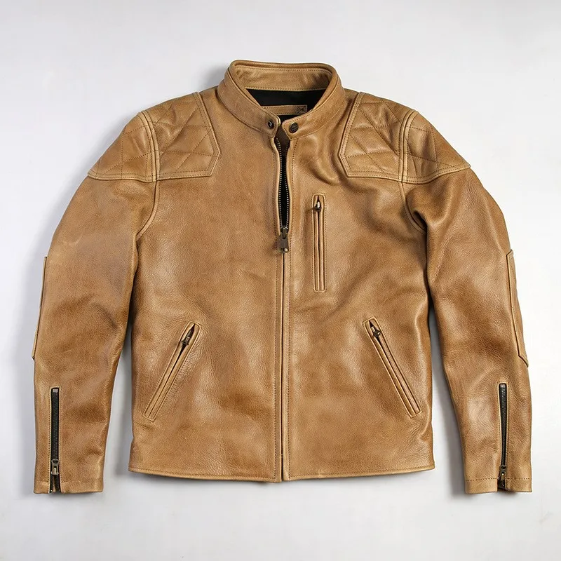 Stand-up collar motorcycle leather for men apricot-colored yellow cowhide