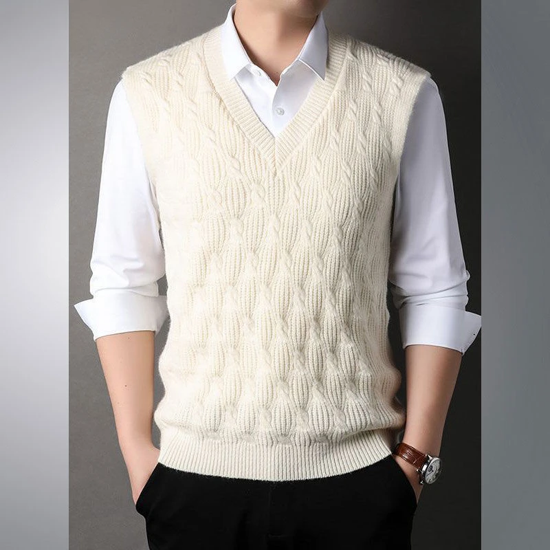 V Neck Warm Sweater Man Solid Color Knit Vests for Men Thick Waistcoat Top Open Smooth Korean Style Knitwear Woven High Quality
