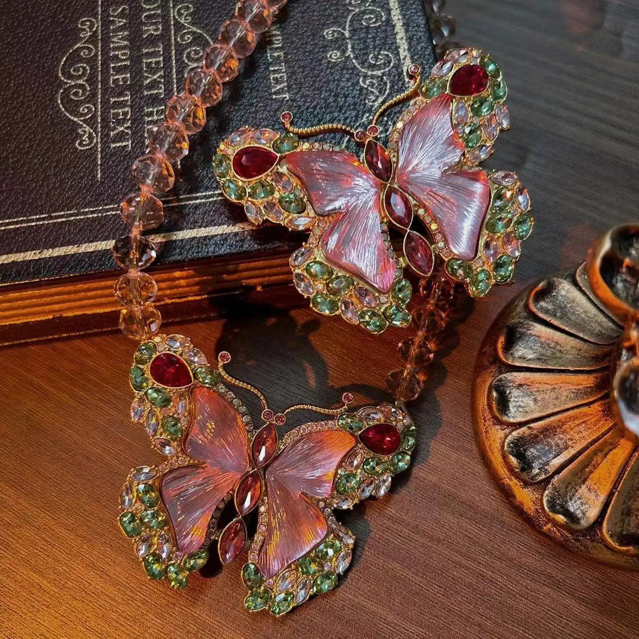 Butterfly pink rhinestone cute sweet necklace Brooch earrings