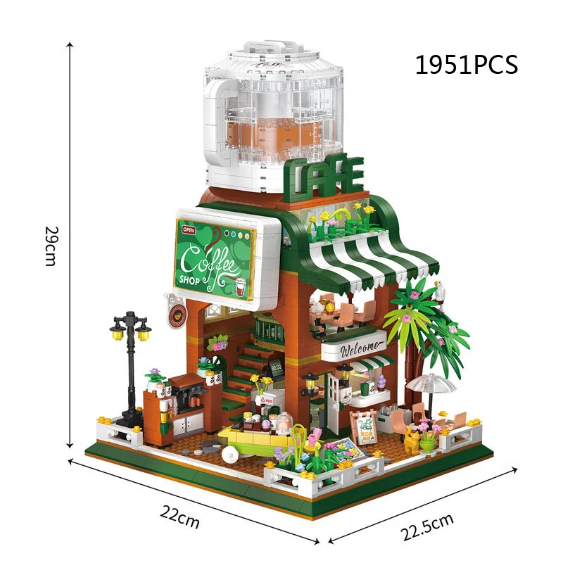 Creative City Street View Architettura Mini Block Self-service Coffee Shop Streetscape Cafe House Modello Building Brick Bear Toys
