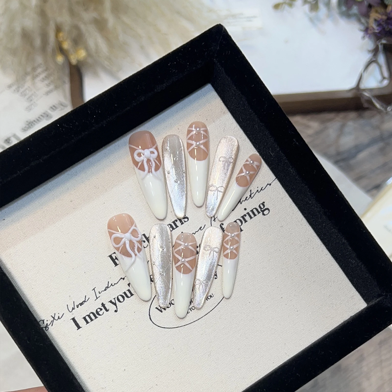 10 Uds. De uñas postizas hechas a mano con punta francesa en forma de T con lazo 3D, brillo de diamantes de imitación, Kit de manicura DIY para mujeres y niñas