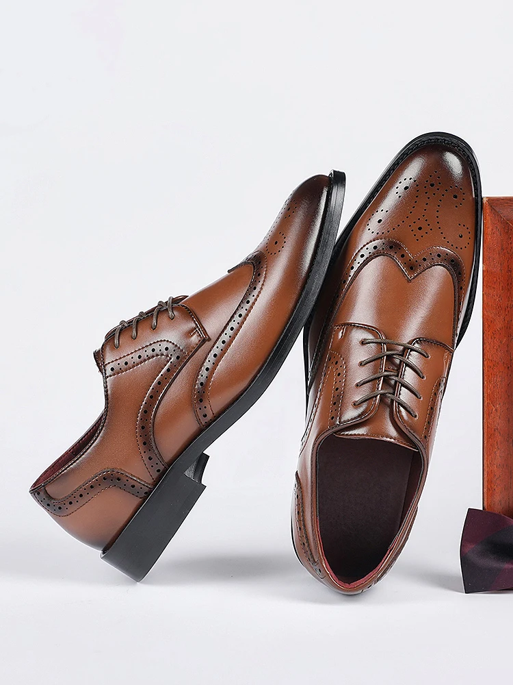 British Style Carved Leather Brogue Shoes Wooden Root Genuine Leather Pointed Toe  Shoes Increased Height Business Forma...