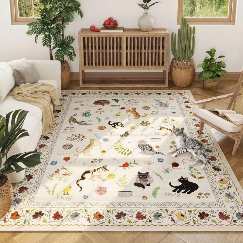 Beige Vintage Cartoon Cat Wildflower Border Large Felt Area Rug Non Slip Farmhouse Living Room Floor Carpet