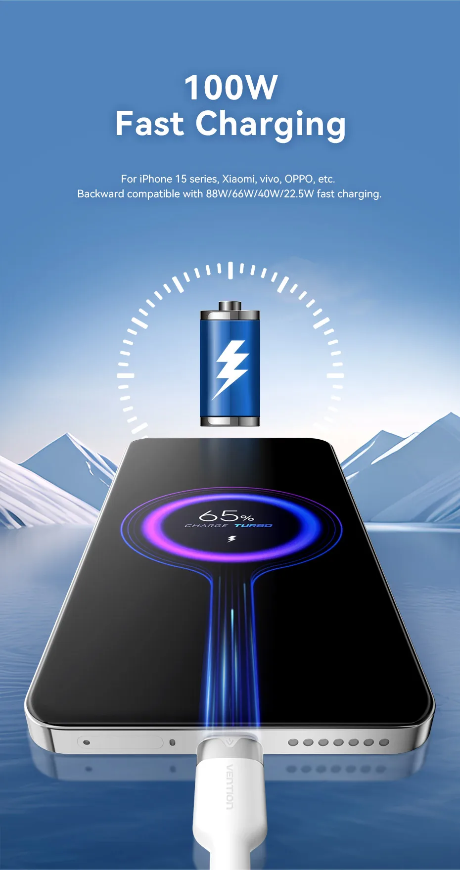 Vention 100 W USB Typ C Kabel 6A Super Lade C Kabel für iPhone Samsung Oneplus Poco F3 Huawei Telefon Ladekabel Draht Kabel – Detail 3