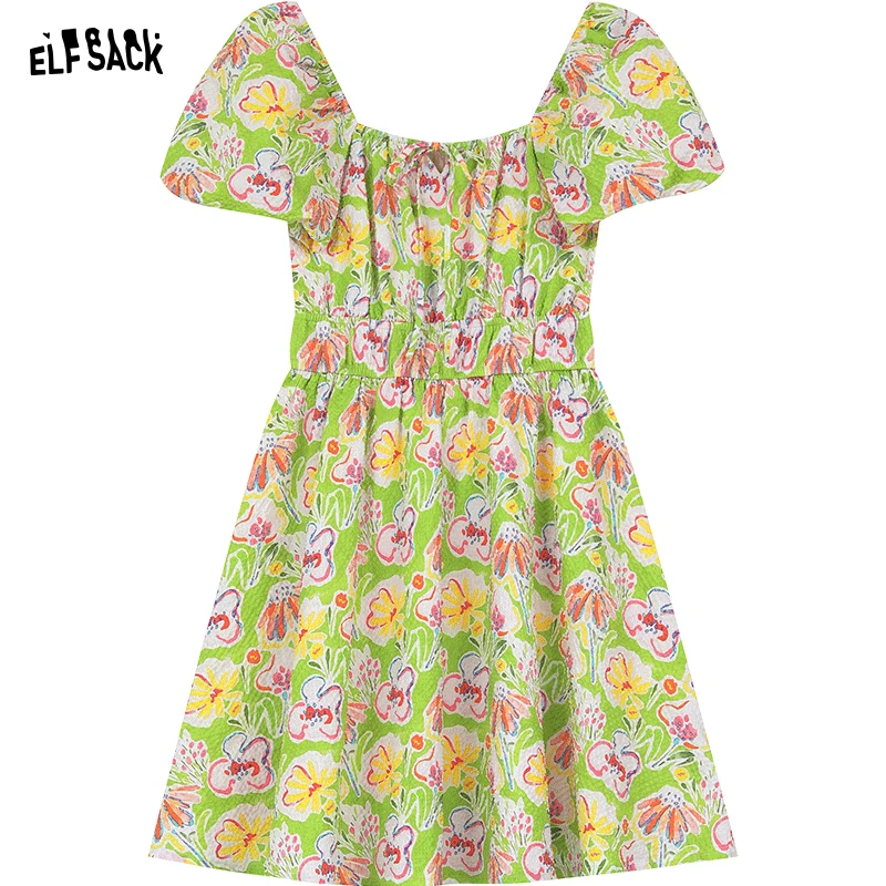 ELFSACK 2024 Summer New Bubble Sleeves Fragmented Flower Dress Women's Waist Wrapped Style Holiday Princess Dress