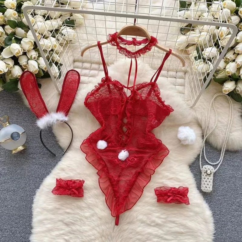 Sexy Lace Neckline Jumpsuit Girl Transparent Mesh Set Women Secret Pornographic Underwear Nightclub Bodysuit Cosplay Rabbit Girl