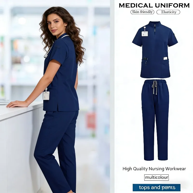 

Two Piece Health Check Stand Collar Women's Frosted Uniform Pet Care Nutritionist Work Uniform Short Sleeved Long Pants Set