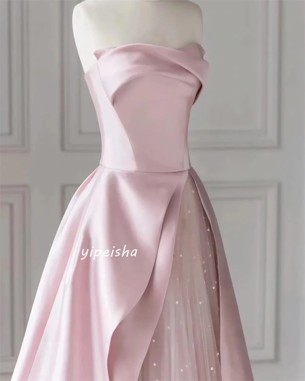  Evening Satin Draped Pleat Cocktail Party A-line Strapless Bespoke Occasion Gown Long Dresses Saudi Arabia