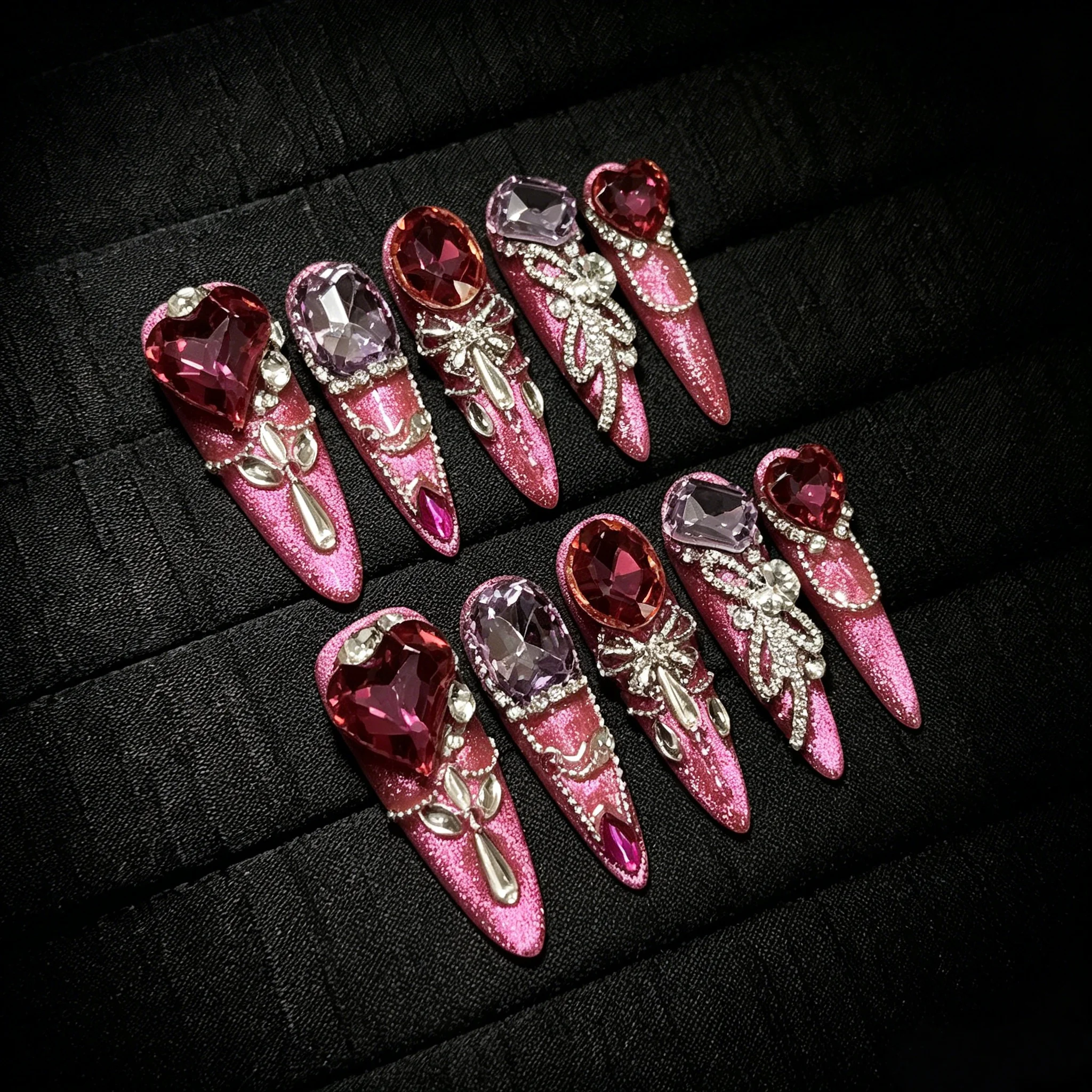 10pcs Luxury Pink Rhinestone Handmade Nails Glitter Diamond Fake Nail Long Stiletto Press on Nail Full Cover Wearable False Nail