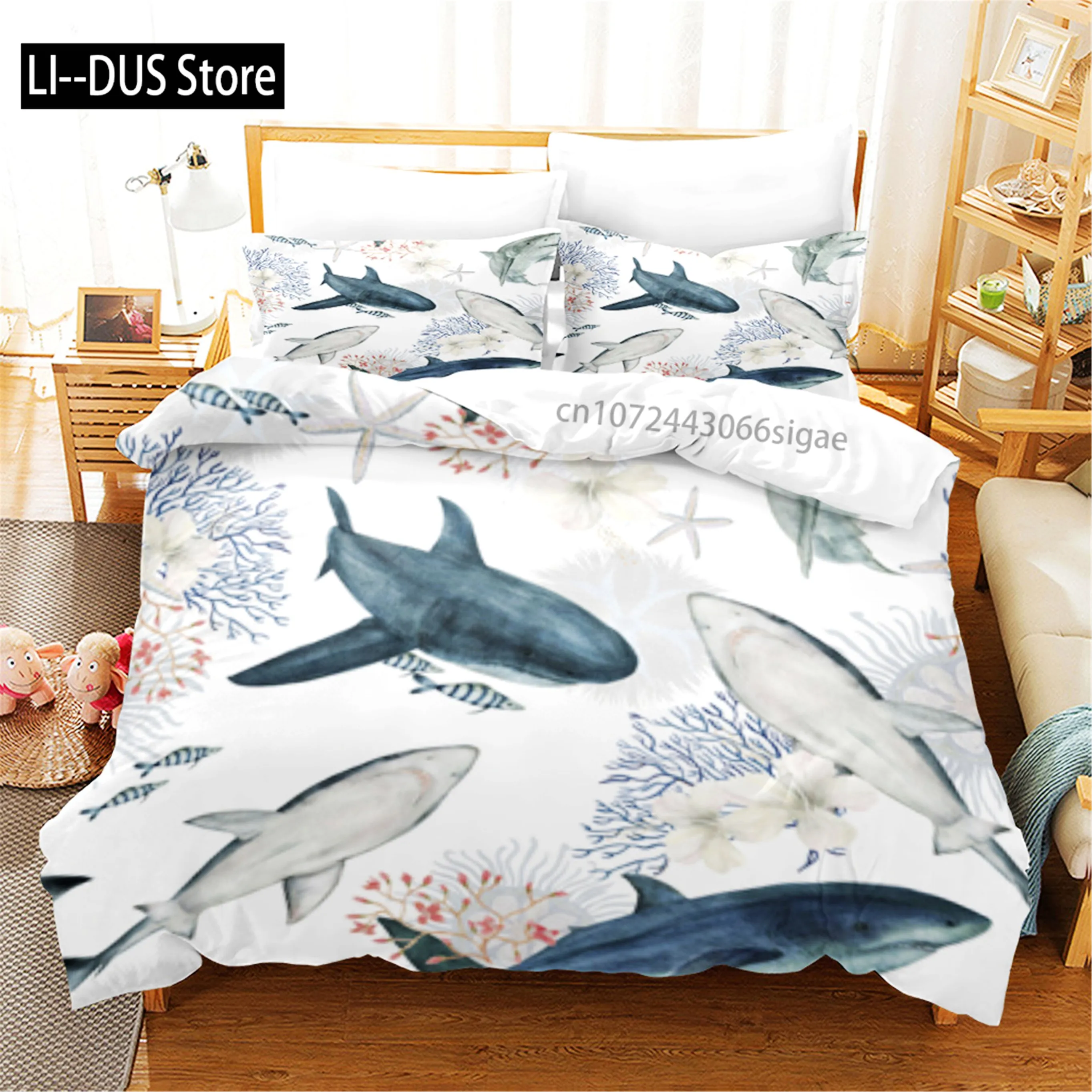 

3D Blue Ocean Sharks Duvet Cover With Pillow Cover Bedding Set Single Double Twin Full Queen King Size Bed Set For Bedroom Decor