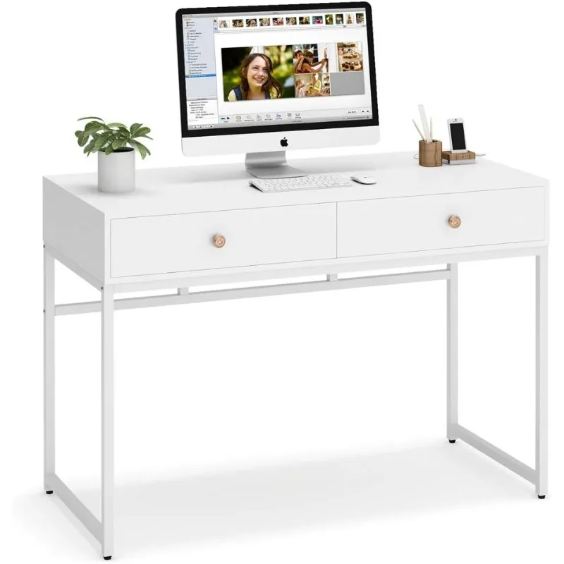 Modern Simple 47 inch Home Office Desk Study Table Writing Desk with 2 Storage Drawers, Makeup Vanity Console Table White