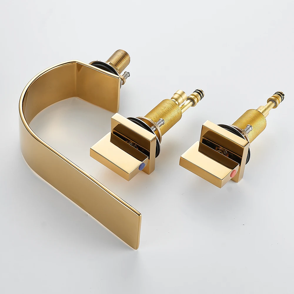 Imagem -04 - Bakala-deck Montado Torneira Cachoeira Torneira Misturadora do Banheiro Alças Duplas Escova e Ouro Bica Larga Banheira Peças