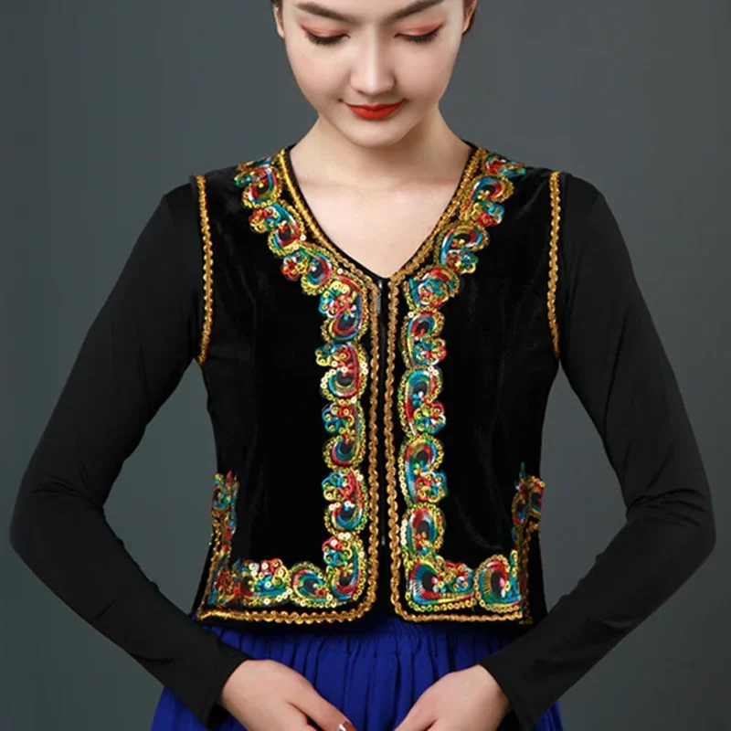 

Xinjiang dance sequined vest Uyghur ethnic style high-end golden velvet square dance vest 1 piece