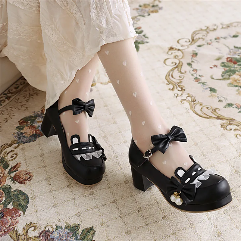 Plus Size 30-48 Lolita Mary Janes Girls Shoes Sweet Bowknot Women Thick High Heel Shoes Cosplay Party Dress Princess Shoes