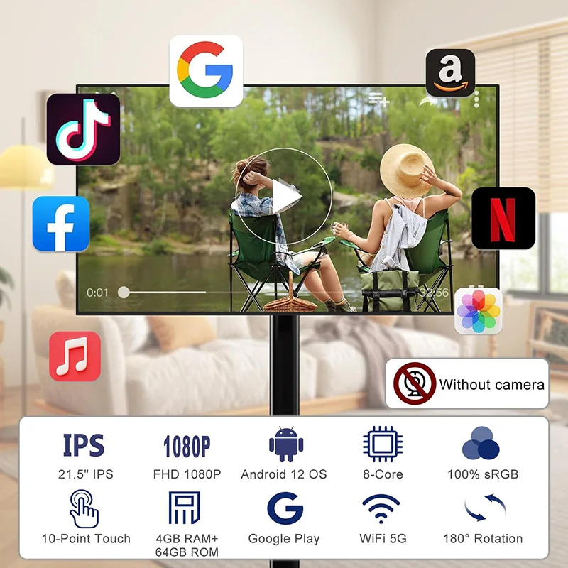 تلفزيون متنقل في المنزل تلفزيون محمول 22 بوصة على عجلات 1080P 6000mAh شاشة ذكية دوارة تلفزيون صغير مع قاعدة