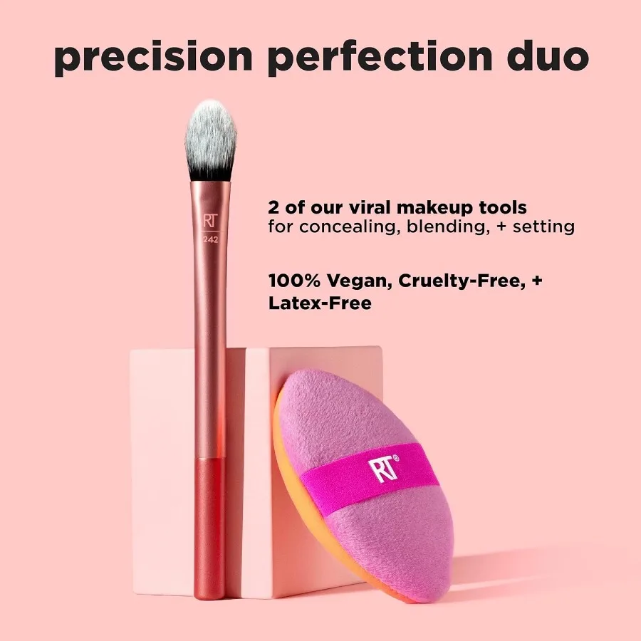 Pinceau correcteur de patte de chaton virale Duo, Perfection de précision, bouffée de poudre double face pour fond de teint en poudre, maquillage adapté aux voyages