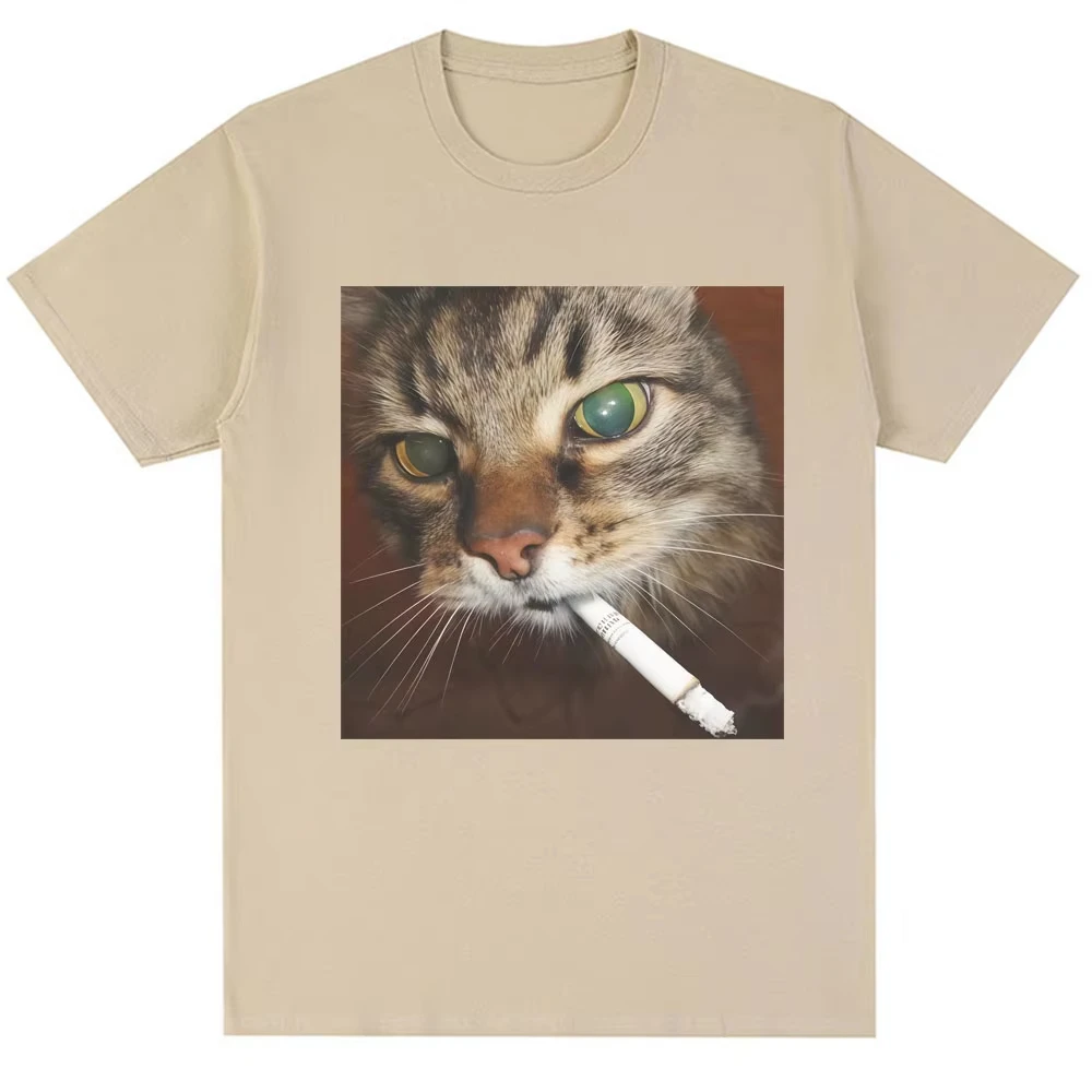 Moda masculina vintage camisetas engraçado fumar cigarro gato meme gráfico camiseta solta puro algodão casual t camisa streetwear
