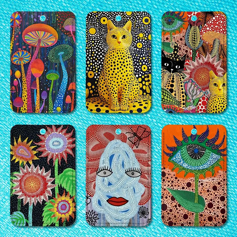 

Y-Yayoi Art K-Kusama Key Tag Ring Leather Card Holder Key Ring Rectangle Access Card Holder