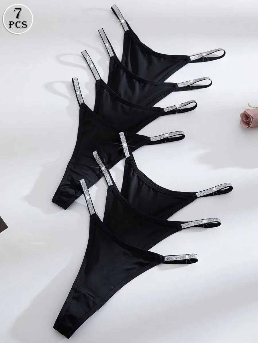 

7pcs Black G-String Panties With Sparkling Trim For Women