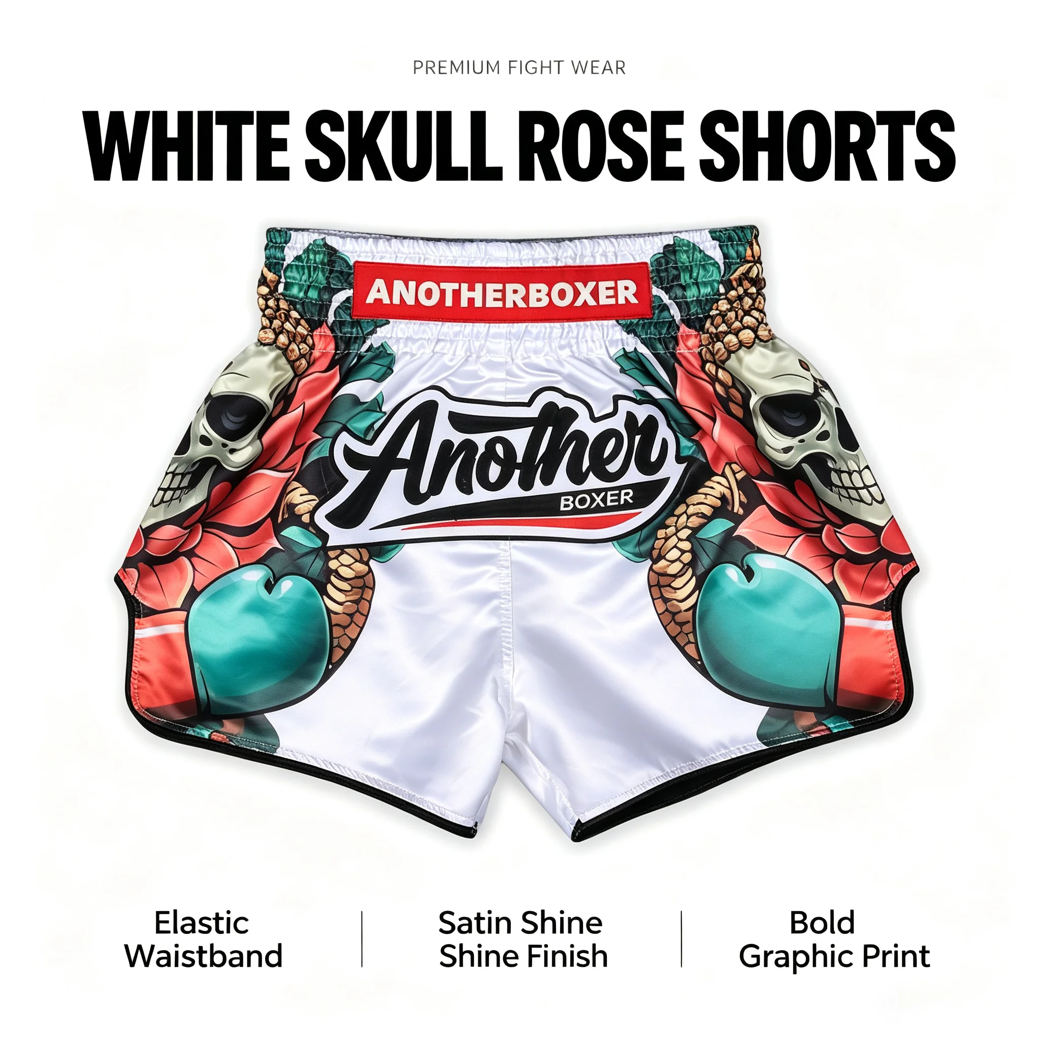 Hochgeschnittene Muay Thai Boxshorts Weiß Totenkopf Satin Elastischer Bund Shorts für Herren und Damen Kampfsportbekleidung für Kickboxen Kampfkünste