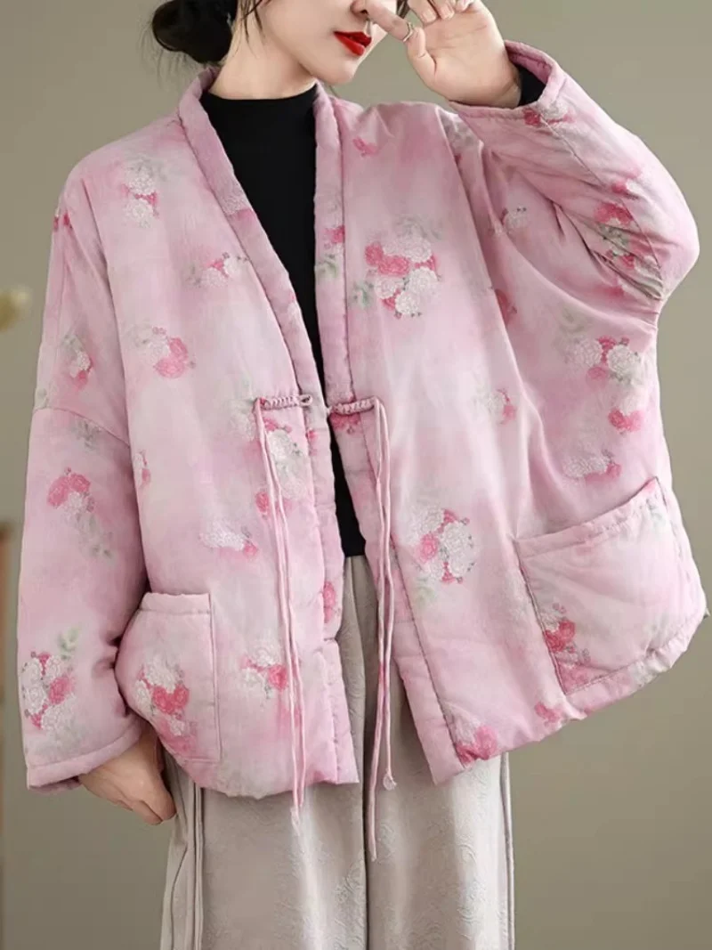 Zen Style Women's Ramie Tie-Dye Print Quilted Coat,Cross Collar Frog Closure Jacket for Spring Autumn (W2197)