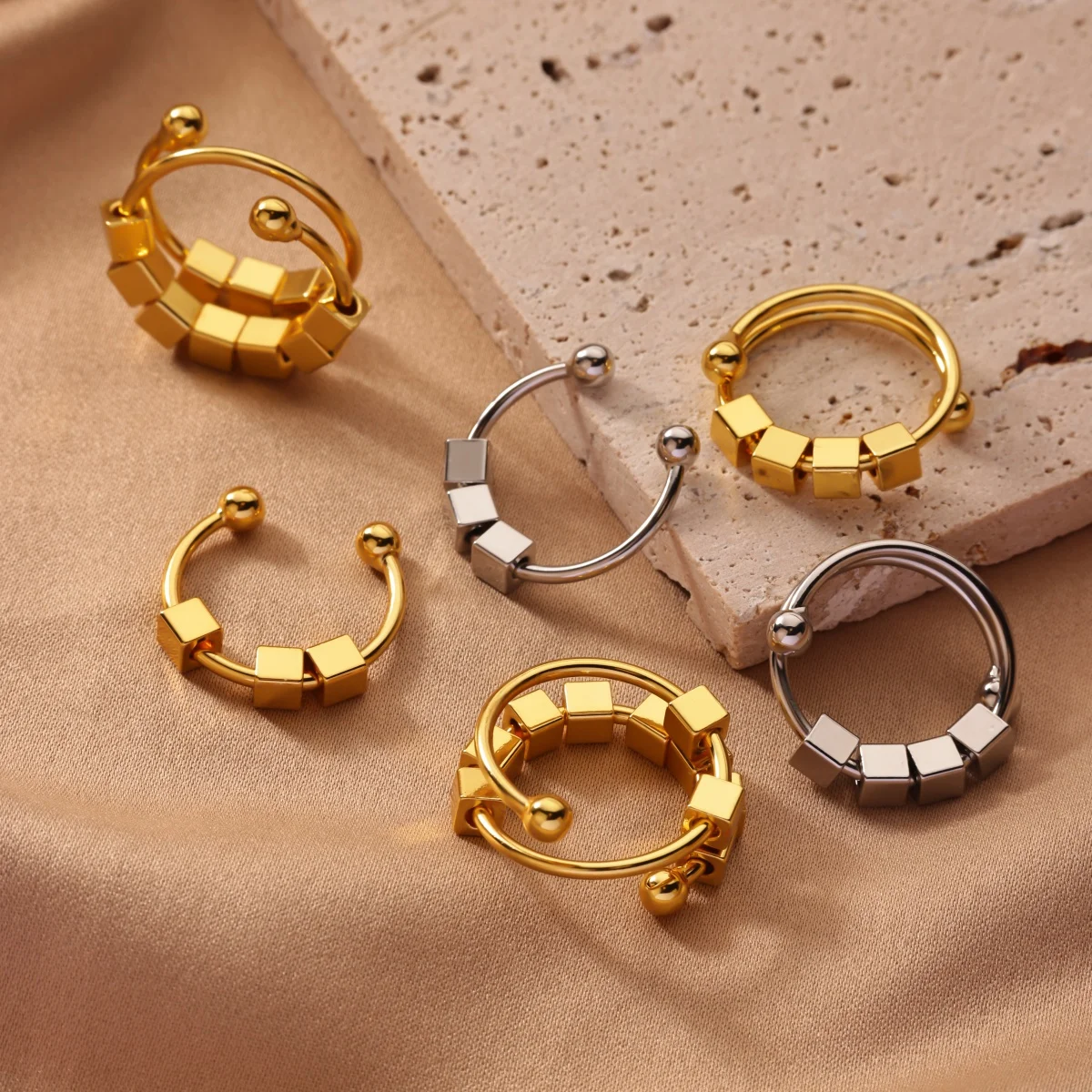 Anti-anxiety rotatable Stainless Steel Square Beads Ring for Women Aesthetic Wedding Ring Party Jewelry Accessories 2026 New