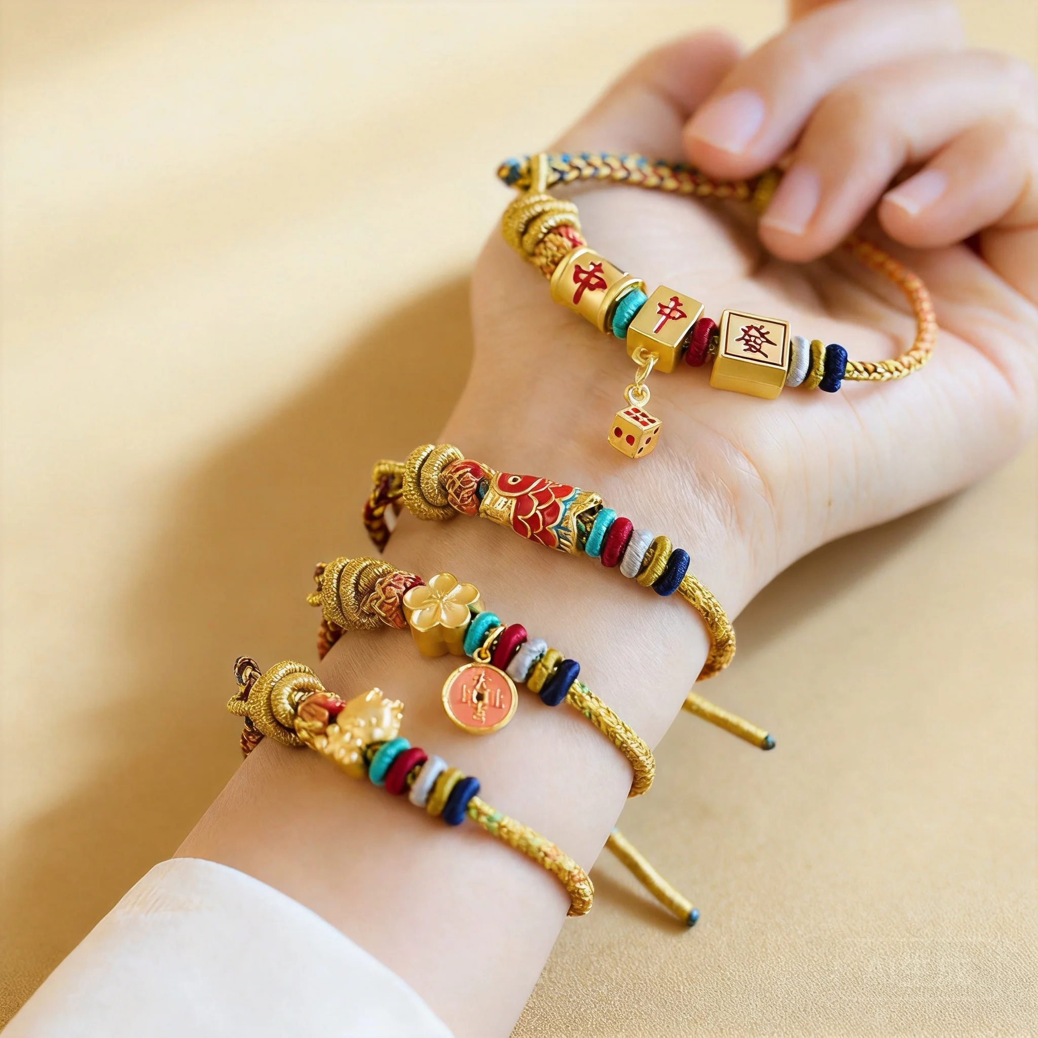 

Chinese Style Year Of Dragon Lucky Handmade Braided Bracelet Koi Carp Peach Flower Mahjong Charm Good Luck Blessing Wealth Adjus