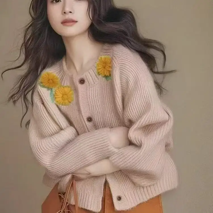 

Korejpaa Gentle Knitted Cardigans 2025 Autumn Round Neck Floral Embroidery Single Breasted Sweater Coat Knitwear Kawaii Clothes