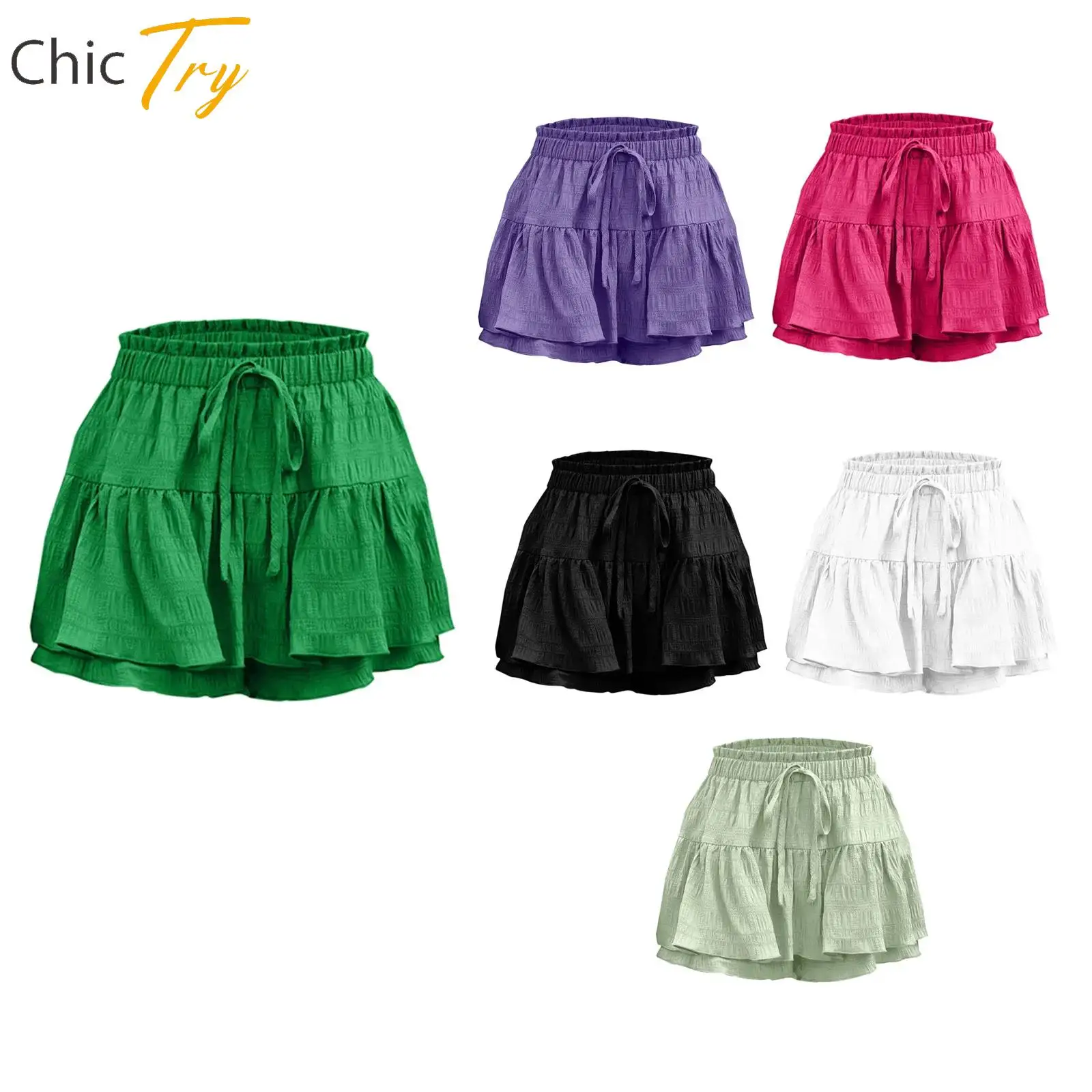 

Womens Daily Casual Holiday Costume Ruffled Culottes Elastic Waist Tiered Hem Skorts Solid Color Shorts Versatile Short Trousers