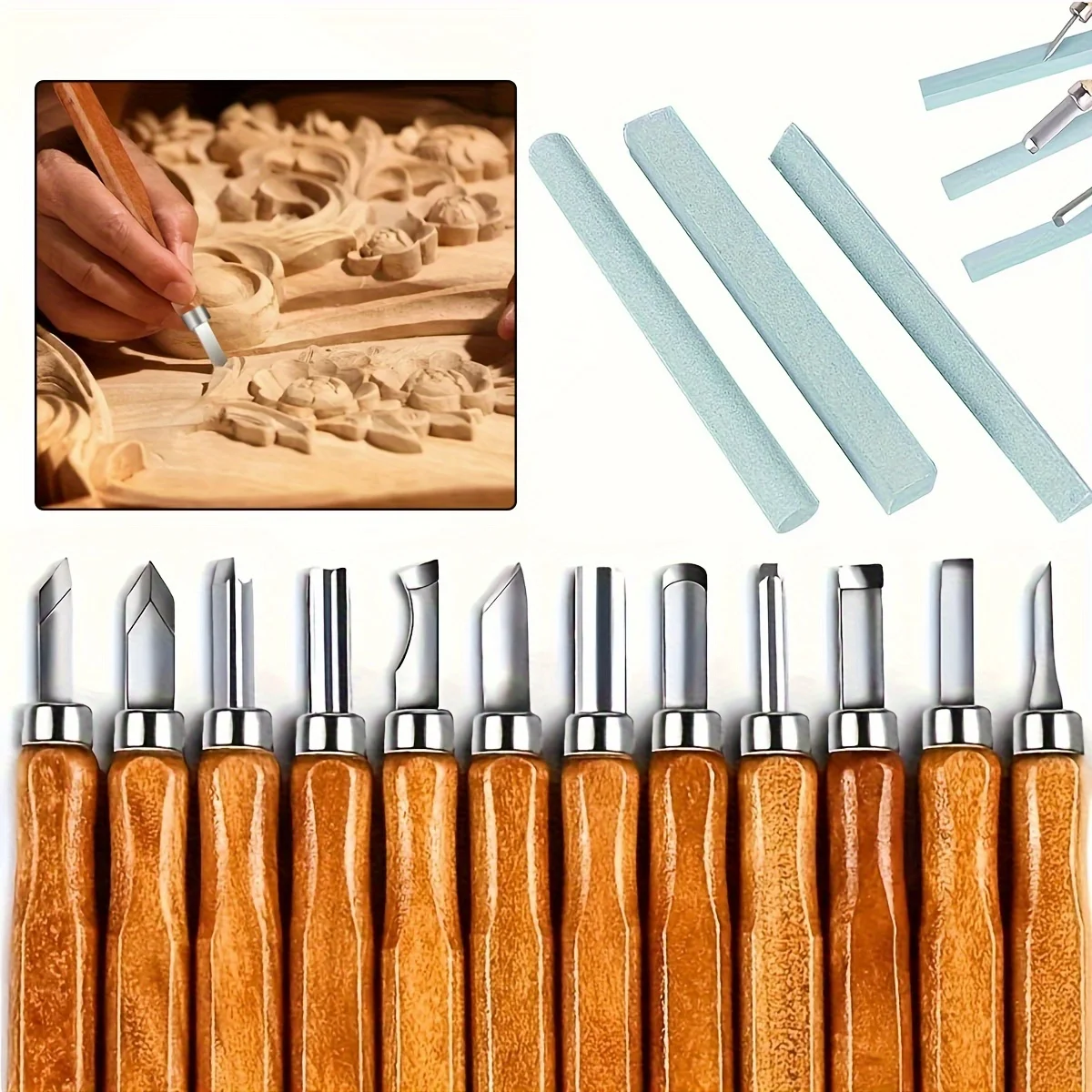 12pcs Wood Carving Knife Set - Hand Carving Tool Set for DIY Sculpture Carpenter Experts & Beginners,3pcs Sharpening Stone Set