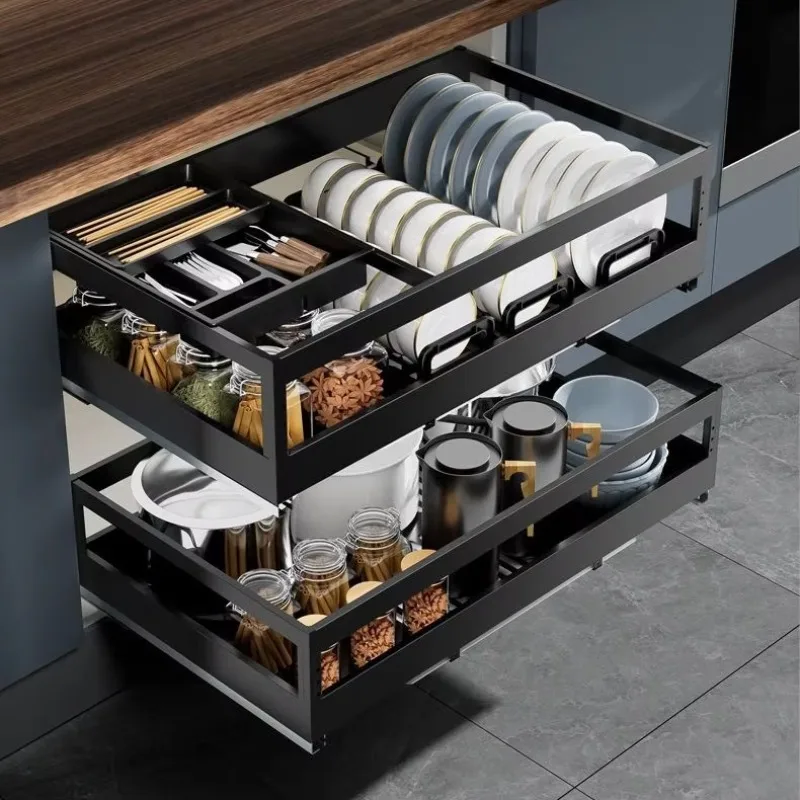 2-Tier Stainless Steel Cabinet Organizer with Pull-Out Basket Built-In Dish Rack and Dish Drying Rack for Kitchen Storage