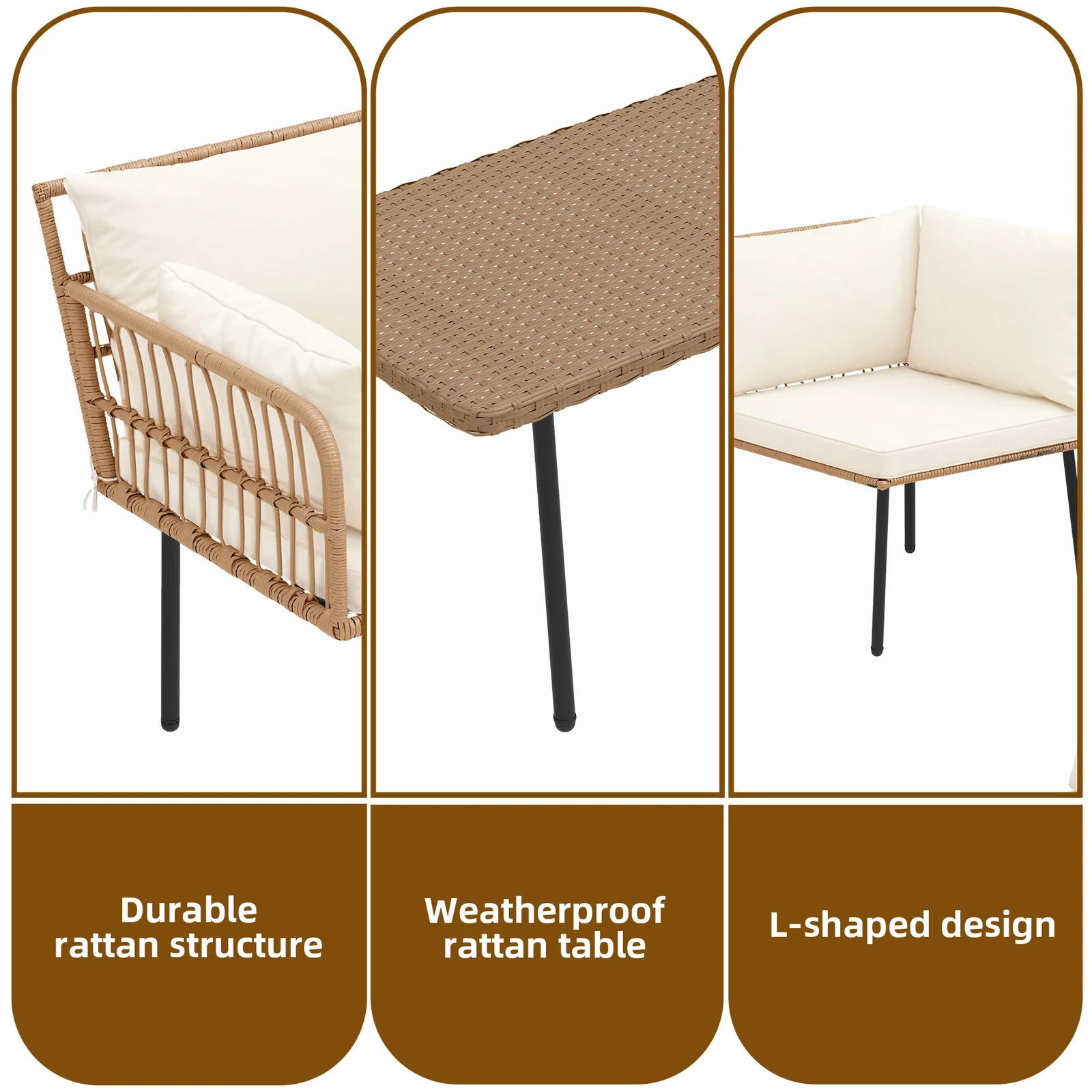 Set Furnitur Sofa Patio Bentuk L 4 Buah, Set Perbualan Patio Anyaman Rotan