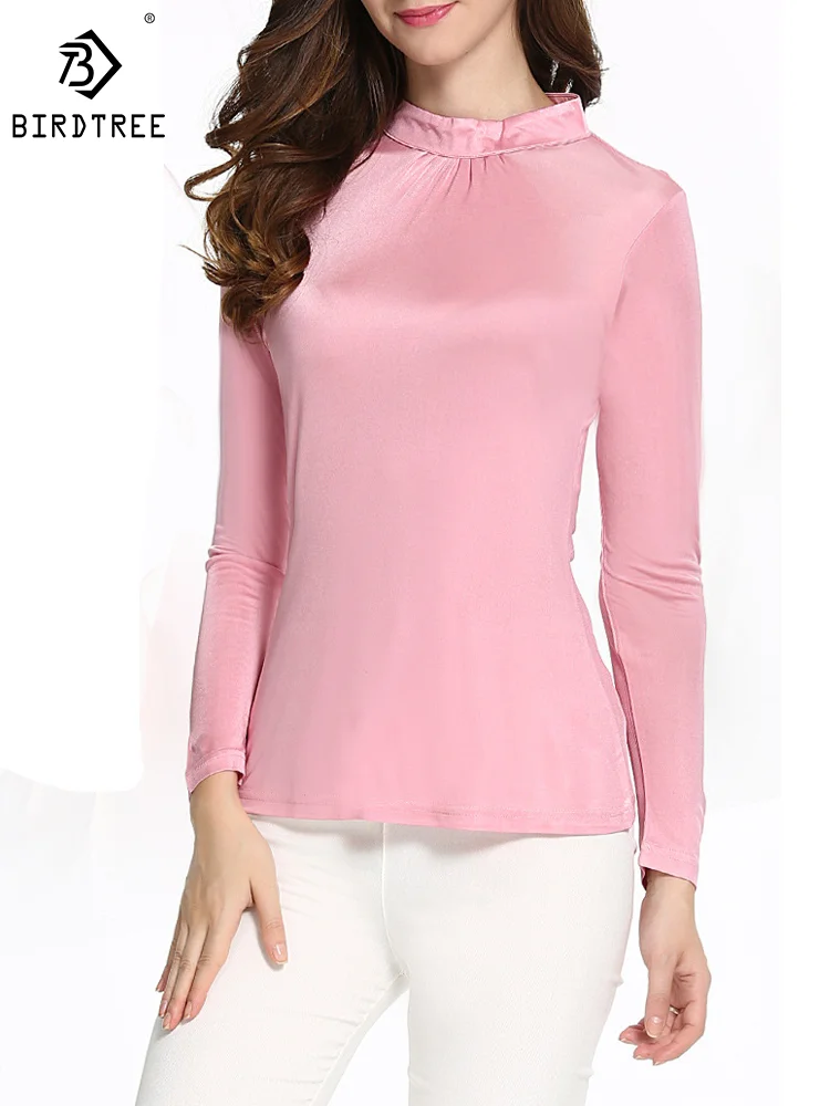 

Birdtree Mulberry Silk Solid Color T-shirts Soft Long Sleeve Simple Undershirt Female Autumn Winter Mock Neck Knitwear P3N401QM