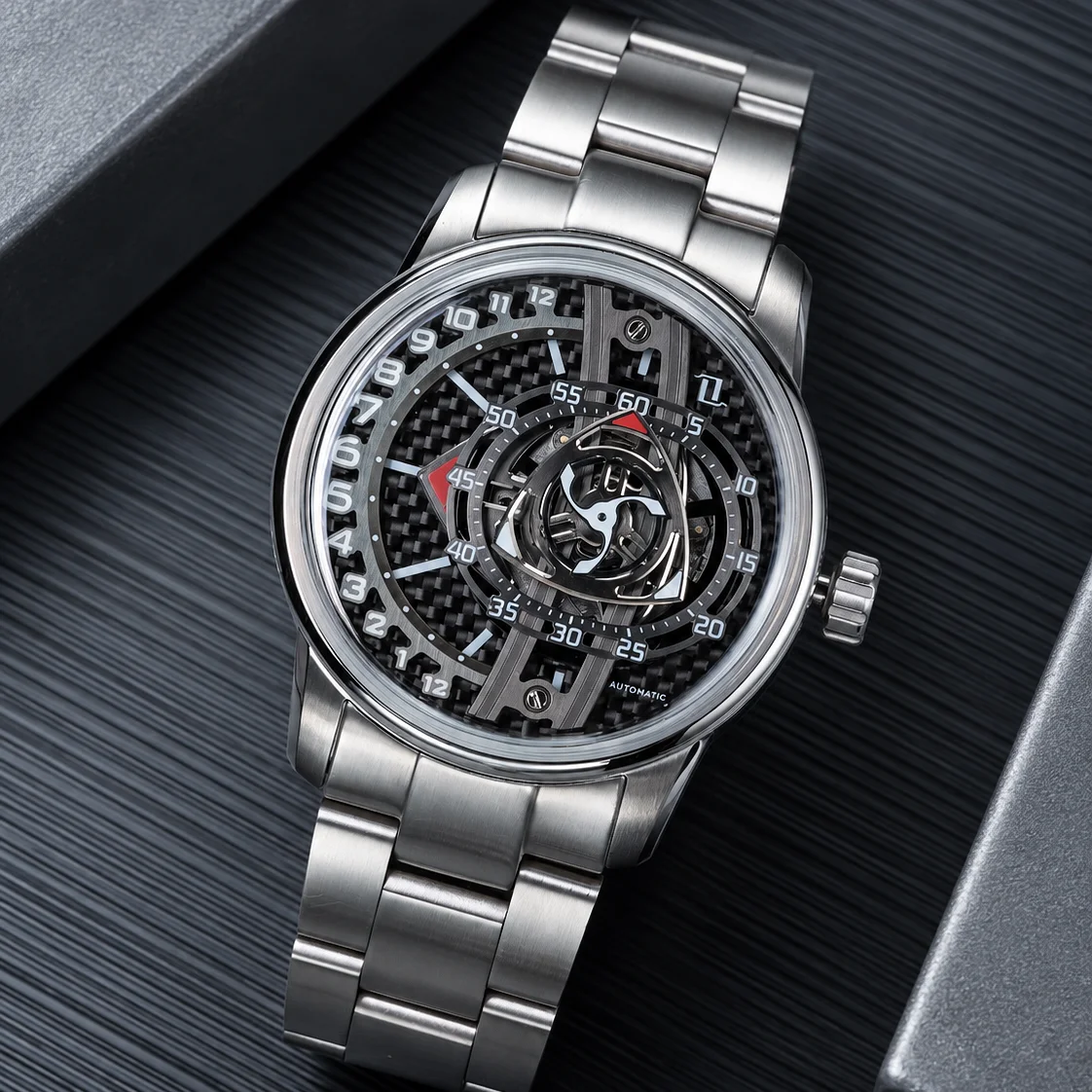 OBLVLO Men's Racing-Style Forged Carbon Automatic Watch – Creative Rotor-Inspired Design, Stainless Steel Bracelet, Water-Resist