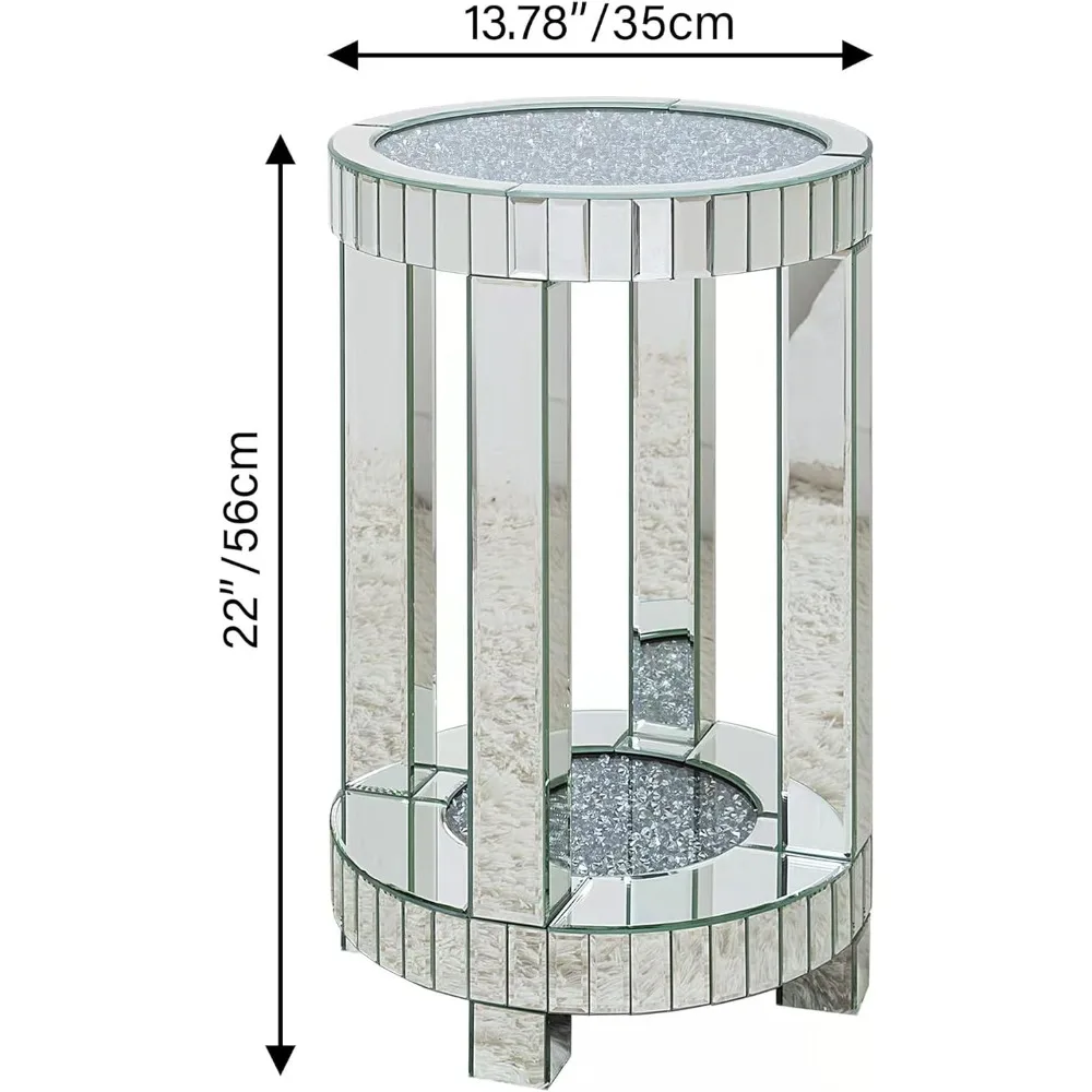 Mirrored End Table Round with Crystals Inlay, 2-Tier Modern Small Sofa Table with Storage, Silver Accent Table