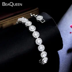 BeaQueen Luxury Link Chain Round CZ Micro Pave Bracelets for Women Silver Color Wedding Accessorie Bridal Jewelry Gift B230
