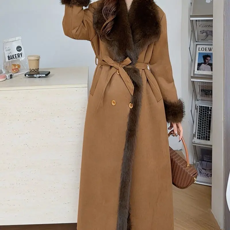 Blouse Outerwear Wool Coat Women's Autumn/Winter Fur Collar Notched Lapel Patchwork Eco-friendly Tie-front Suede Longline New