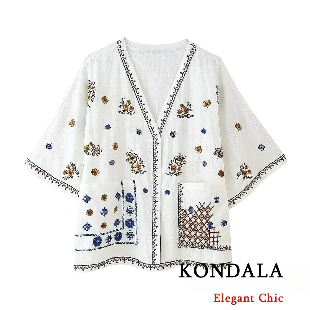 

KONDALA Fall Casual Vacation Embroidery Shirt Women's Vintage V-Neck Pocket Loose Shirt 2025 Fashion Holiday Mujer Shirt