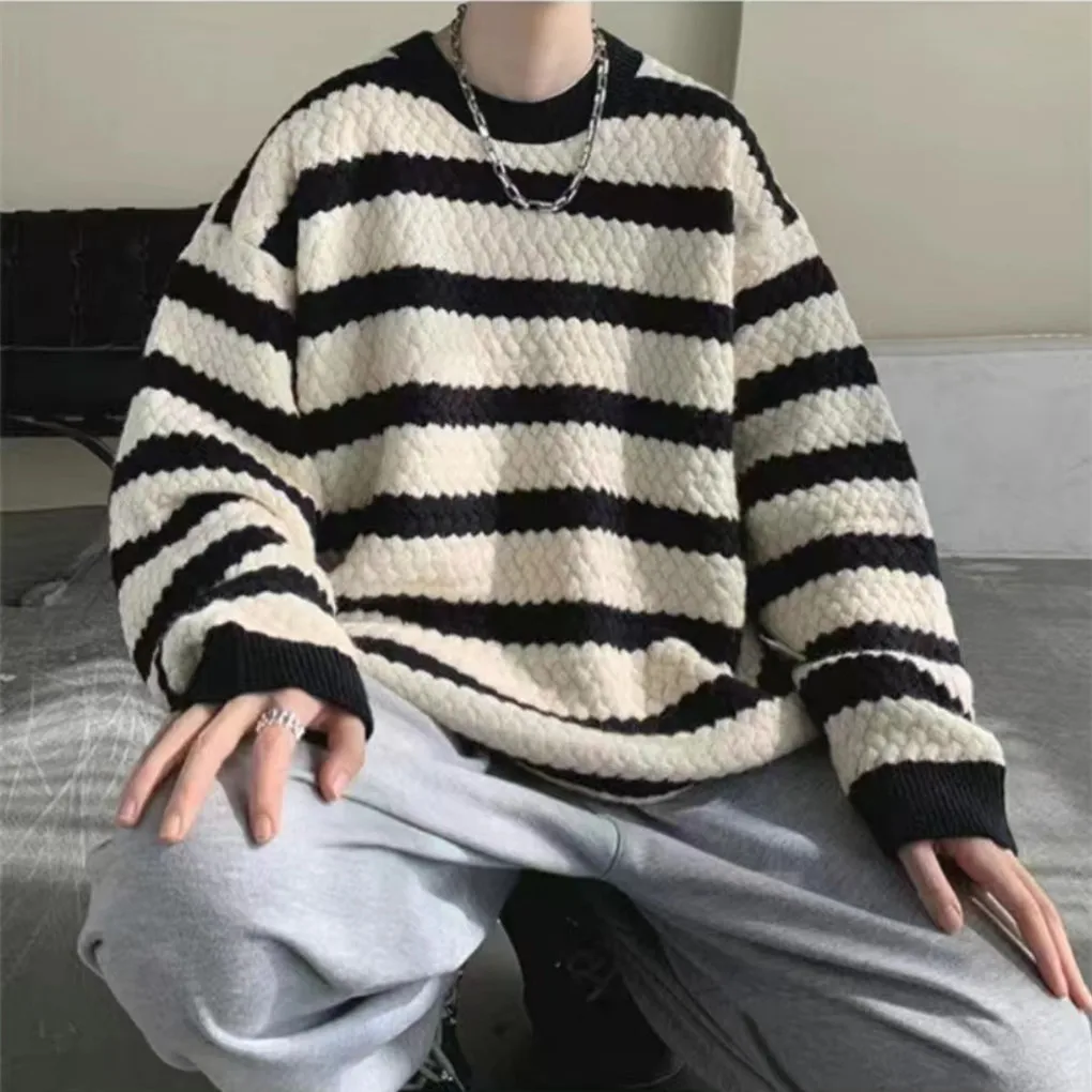 

Мужской трикотаж больших размеров, простой полосатый свитер, удобная зимняя верхняя одежда свободного покроя для тяжелых людей, Гонконгская одежда Sle Coupl...